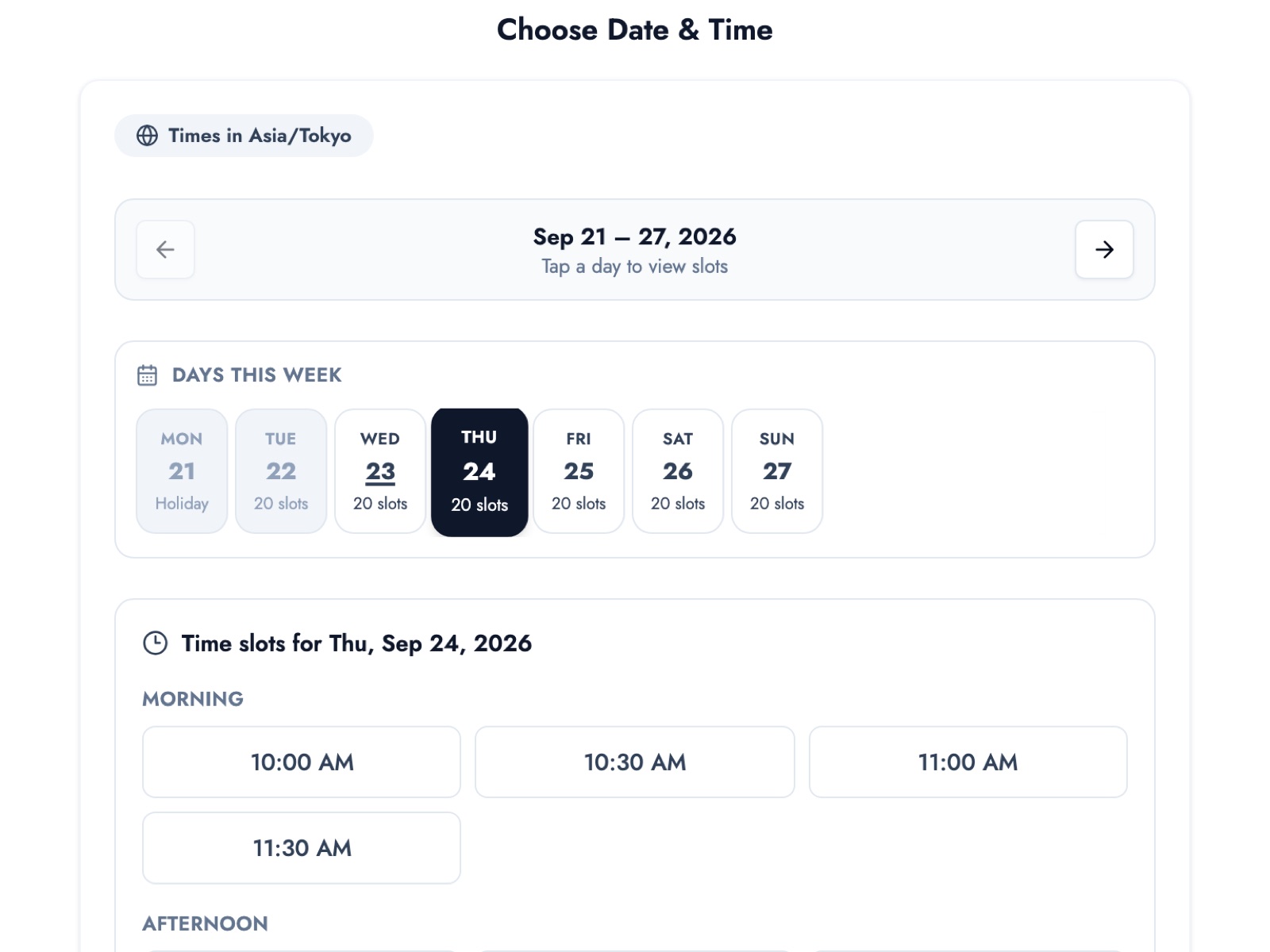 A customer choosing a date and time on a BOOKIN booking page, with only open slots shown for each day