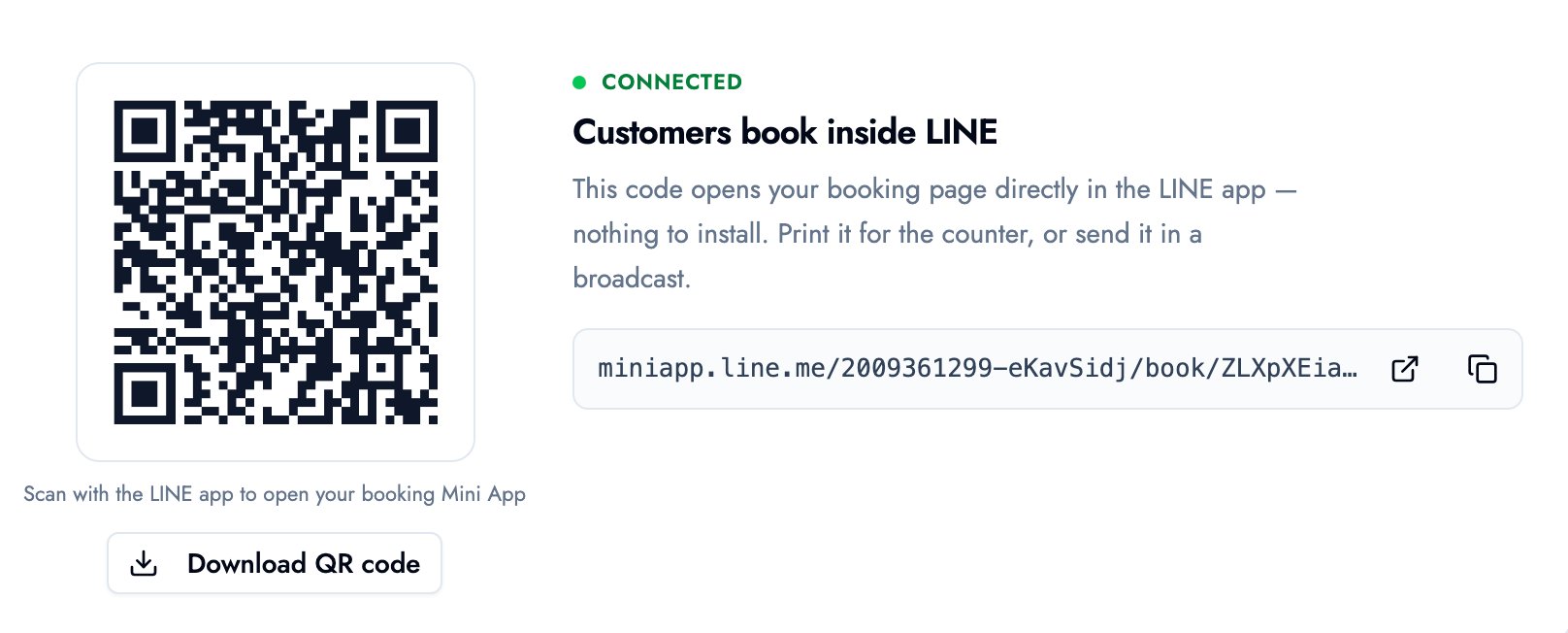 BOOKIN's share-booking-page screen, showing the QR code that opens the booking mini app inside LINE, plus the LINE mini app link