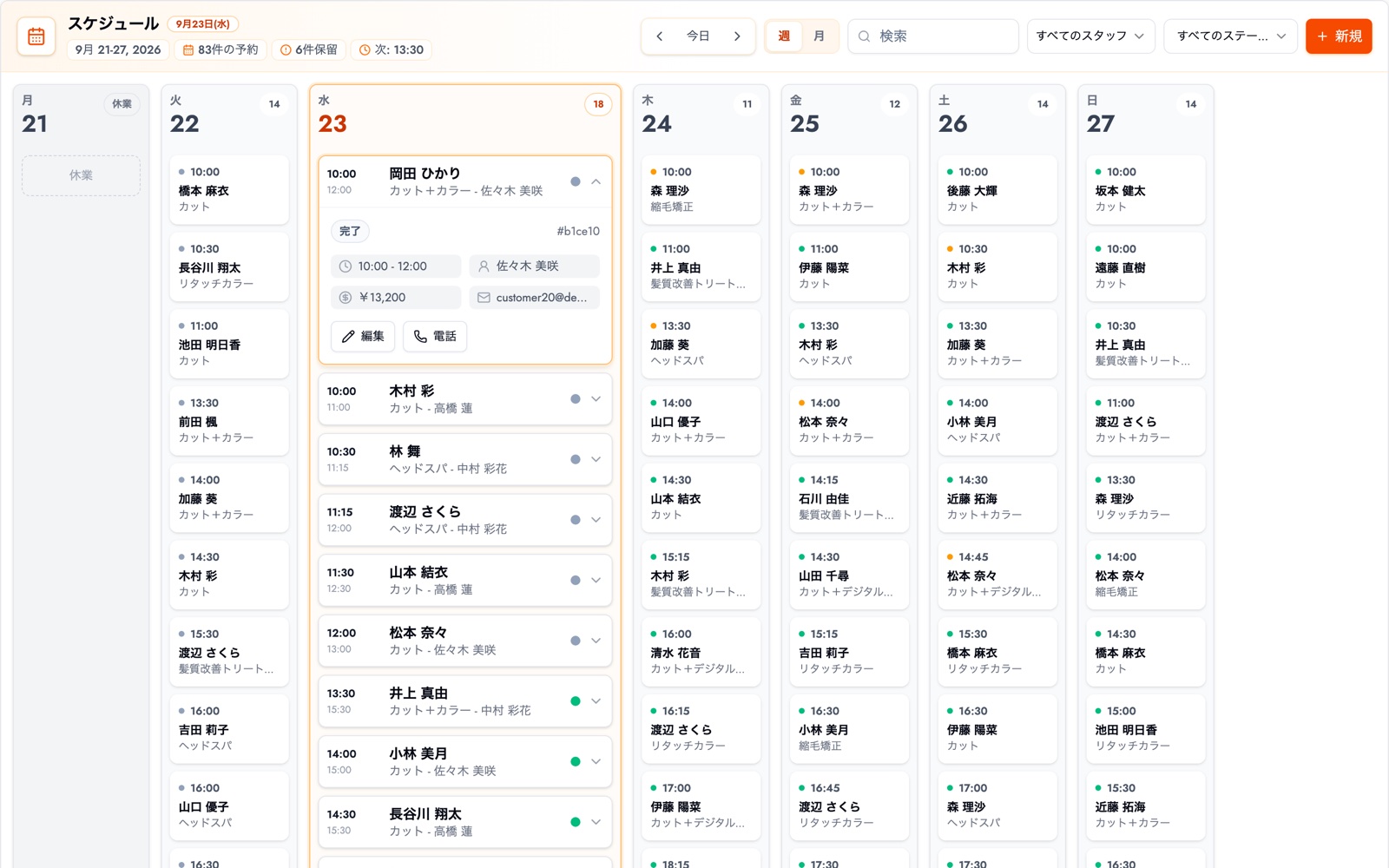 BOOKINのスケジュール画面。忙しいサロンの1週間分の予約を、スタイリストごとに一覧できる