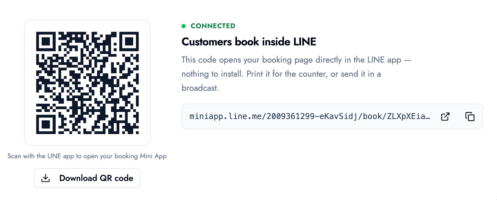 Sharing the booking page: a QR code and link that open it inside LINE