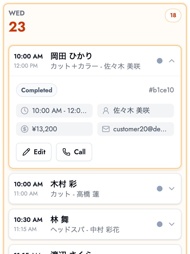 Checking today's bookings in BOOKIN — customer name, service and staff member at a glance