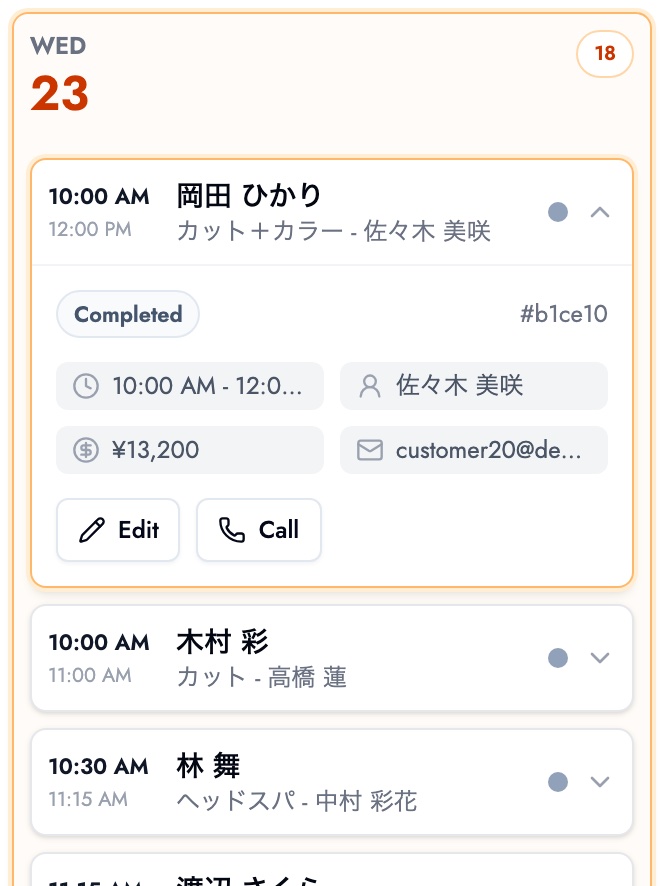 BOOKIN's list of today's bookings: time, customer, service and staff member on one screen